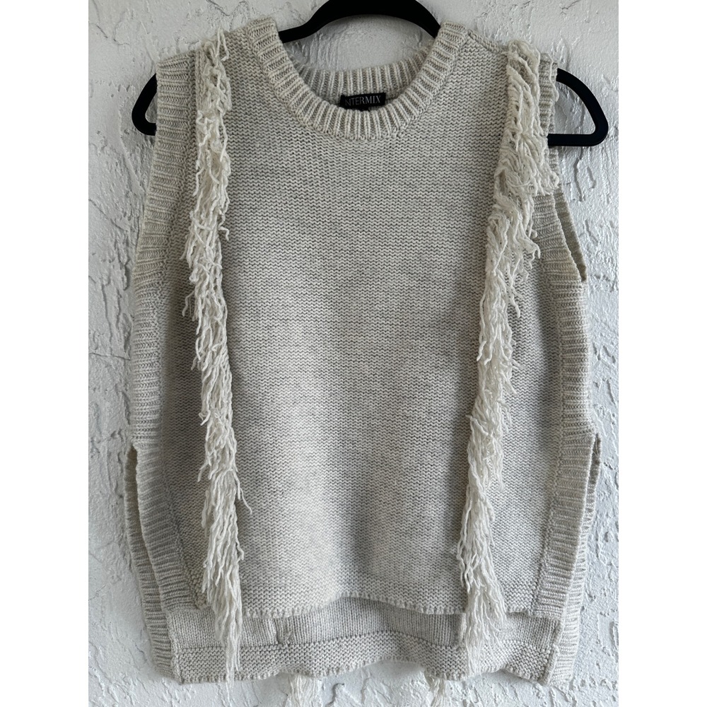 Intermix Wool Cashmere Fringe Sweater Vest Cream Oatmeal Small Sleeveless Knit